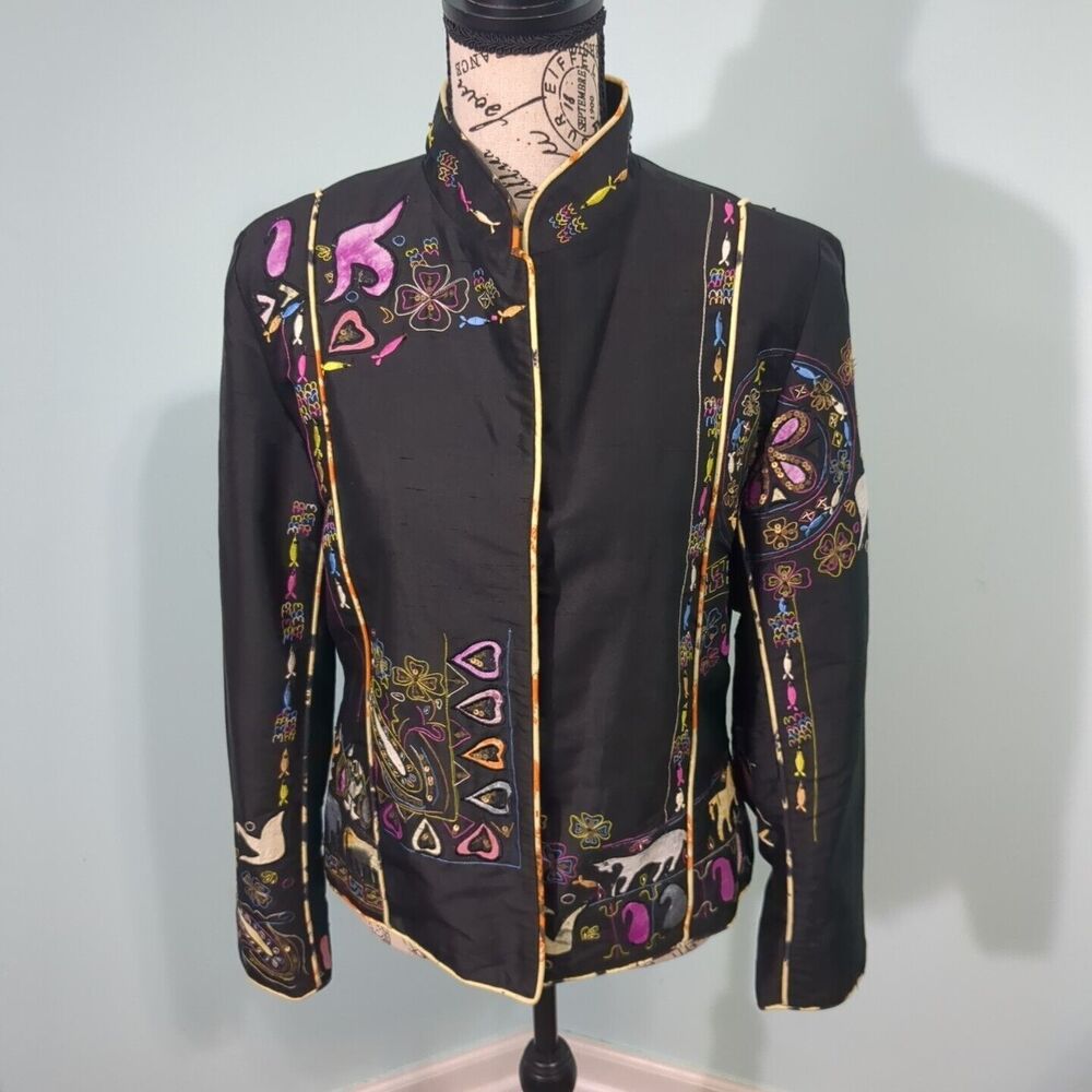 Anage Too Womens small Black Silk Embroidered Mandarin Collar Jacket